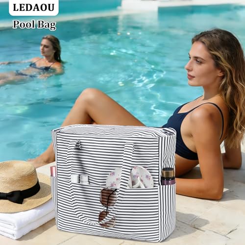 LEDAOU Beach Bag Waterproof Sandproof Women Beach Tote Pool Bag with Zipper for Swim Gym Grocery Travel with Wet Pocket | Sandproof - color: Light Black White Stripes