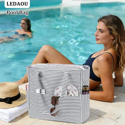 LEDAOU Beach Bag Waterproof Sandproof Women Beach Tote Pool Bag with Zipper for Swim Gym Grocery Travel with Wet Pocket | Sandproof - color: Light Black White Stripes