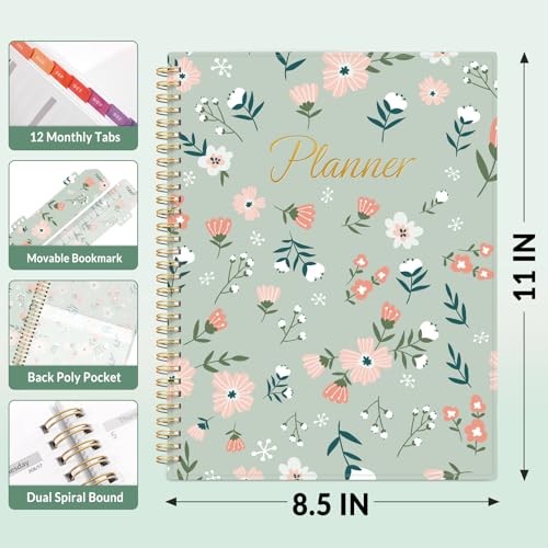 SUNEE Academic Planner 2026-2027 – Weekly & Monthly Planner, July 2026 to June 2027, 8.5"x11", Thick Paper, Tabs, Pockets, Bookmark, Spiral-Bound, Student Teacher Organizer, Green Wildflowers - color: Flowers