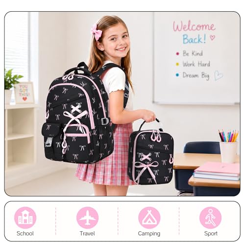DIGOBAY Backpacks for Girls - 3PCS Girls Backpack with Lunch Box & Pencil Pouch School Backpacks for Elementary Middle High College School Bookbag for Teen Girl Kids Students Black-bow - color: Black-bow
