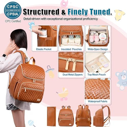 Weitars Diaper Bag Backpack Leather Baby Diaper Bag with Changing Pad Travel Diaper Backpack,Baby Bag for Mom,Stroller Straps,5 Insulated Pockets (Brown Leather) - color: Brown Leather