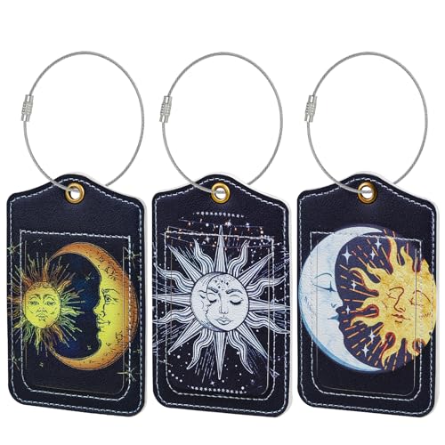 Fishent Luggage Tag, 3 Pack Travel Cruise Luggage Tags for Suitcases, Cute Suitcase Tags Identifiers Bag Tags with Privacy Flap, Baggage Name Tag for Women Men Luggage Backpack Handbag School Bag - color: G_sun Moon
