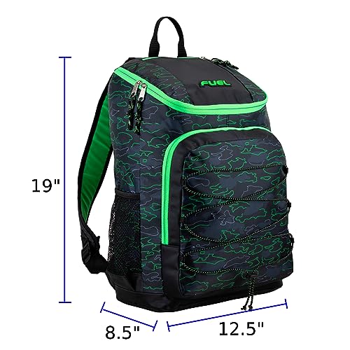 FUEL Wide Mouth Sports Luggage Backpack with Front Bungee and Inner Tech Pocket, Green Outline Camo - color: Green Outline Camo