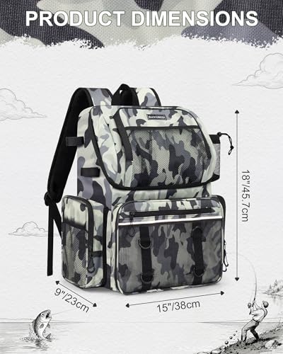 Fishing Backpack, Large Water Resistant Tackle Bag Storage Fishing Gear and Equipment, Built-in Cooler Compartment Grey - color: Grey Camo