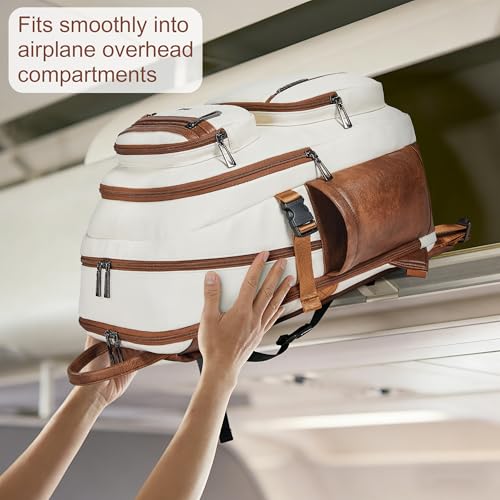 Vegan Leather Backpack, TSA Travel Backpack for Men and Women, Fits 17.0 Inch Laptop with Luggage Strap, Beige - color: Beige