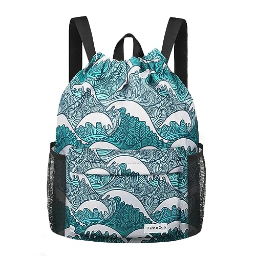 Waterproof Drawstring Backpack Sports Gym Sackpack with Mesh Pockets Water-Resistant String Cinch Beach Bag for Men Women - color: Print - Blue Waves