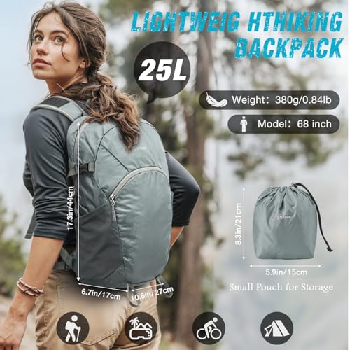 G4Free Hiking Backpack with Thickened Back Panel Packable 25L Lightweight Foldable Travel Daypack for Men Women(Grey) - color: Grey