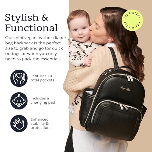Itzy Ritzy Mini Diaper Bag Backpack – Chic, Compact Mini Plus Backpack with Changing Pad, 10 Pockets (6 Internal, 4 External), Grab-Top Handle & Rubber Feet (Black w/Silver Hardware) - color: Black With Silver Hardware - Plus