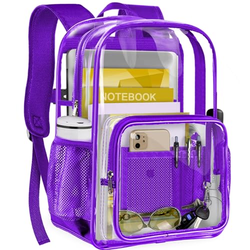 Clear Backpack Heavy Duty Large Transparent Backpack with Reinforced Bottom for College, Travel, Workplace Security - Purple - color: Purple