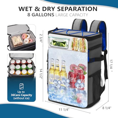 Large Backpack Cooler 36 Can Cooler Backpack with 2 Insulated Compartments Leak Proof Waterproof Travel Backpack, Camping Beach Picnic Lunch Thermal Bag for Women and Men - color: Gray