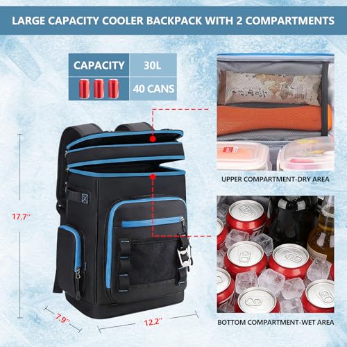 Backpack Cooler,40 Cans Cooler Backpack Insulated Waterproof&Leak Proof,Soft Cooler Bag with 2 Compartments for Men&Women,Picnic Backpack Ice Chest for Camping Hiking Fishing Lunch Beach - color: Black-Blue