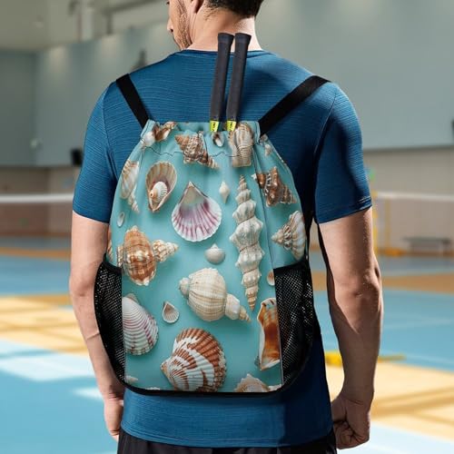 Drawstring Gym Backpack with Shoe Compartment And Wet Pocket, 28L Lightweight Waterproof Various Shell Patterns Sports Backpack for Workout Swim Beach Travel String Bag for Men Women