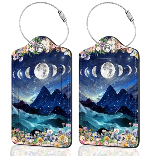 2Pack Luggage Tags for Suitcases, Cute Unique Pu Leather Cruise Luggage Tag with Privacy Cover ID Label Address Card and Metal Ring Suitable for Women Men Kids Travel Bag Mountains and The Moon - color: Mountains and the Moon