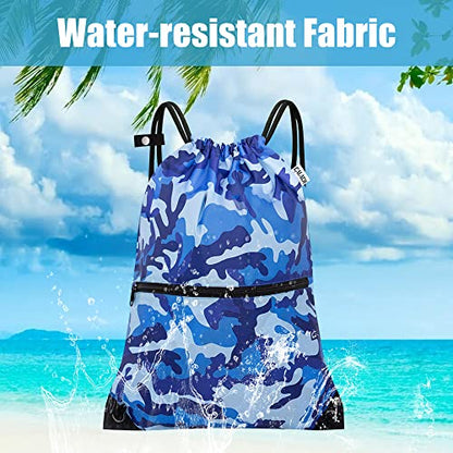 draw string back bag, Large Gym Sports string backpack for men and women with front zipper pocket and inside zipper pocket to keep key or phone(blue camo) - color: Blue Camo, style: Drawstring With Front Pocket