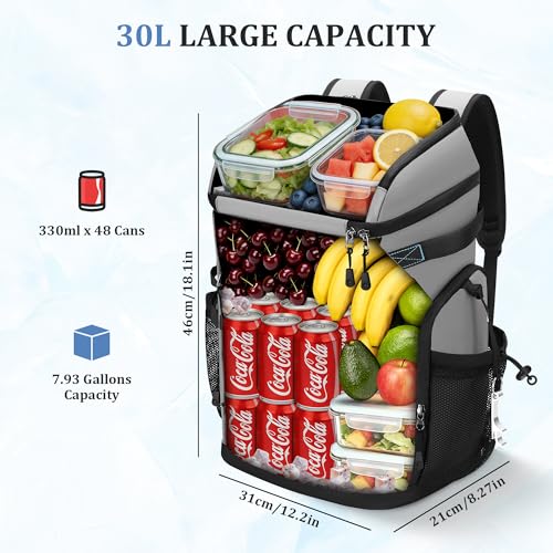 30L Cooler Backpack for Men Women, Leak Proof & Waterproof, Double Decker Insulated Backpack Cooler for Beach Camping Picnic (7.93 Gal, 48 Can) - color: Gray