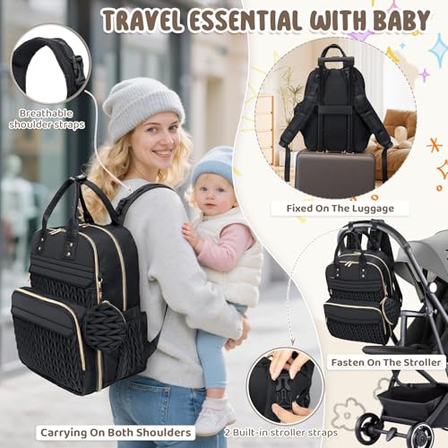 Diaper Bag Backpack, Waterproof Large Baby Bag with Changing Pad, Black | Baby Diaper Bag, Stylish, Large Capacity, with Changing Pad, with USB Port, Stroller Strap, Pacifier Case, Travel Essentials - color: Black