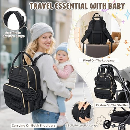 Diaper Bag Backpack, Waterproof Large Baby Bag with Changing Pad, Black | Baby Diaper Bag, Stylish, Large Capacity, with Changing Pad, with USB Port, Stroller Strap, Pacifier Case, Travel Essentials - color: Black