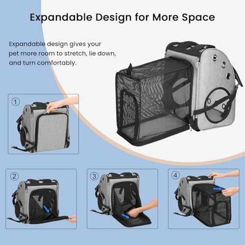 Expandable Cat Carrier Backpack, Large Space,Airline Approved, XL | Pet Backpack Carrier for Small Cats & Dogs up to 25 lbs, Travel Backpack for Hiking/ Vet, 4 Entrances, Breathable Ventilated - color: Grey-XL
