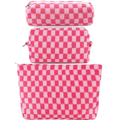 ZLFSRQ 3Pcs Makeup Bag Checkered Cosmetic Bag Set Travel Toiletry Bags for Purse Large Small Makeup Pouch for Women Cute Preppy Pencil Pouch Case Pink Zipper Skincare Bags - color: B-Checkered 3Pcs Mix Pink