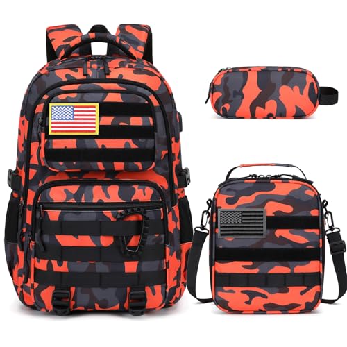 Camo Backpack for Boys, Tactical Boys Backpack with Lunch Box Pencil Case, Kids Backpacks with USB Charging Port, Military Army School Bookbag for Teen Boy Elementary Middle High School Camp - color: Black-orange