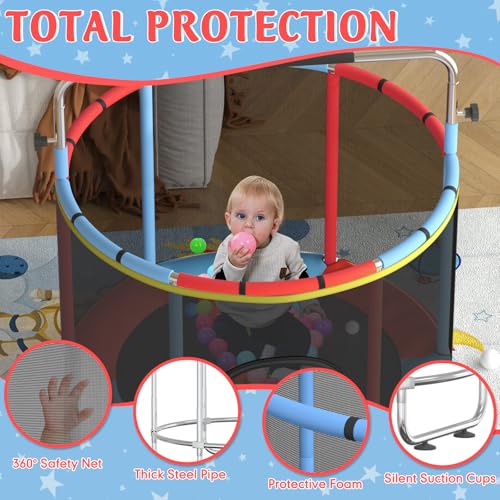 Trampoline for Kids, 55" Indoor & Outdoor Toddler Trampoline, Anti-Rollover Bottom Kids Toys with Adjustable Gymnastics Bars, Toddler Swing, Basketball Hoop - color: RedBlue
