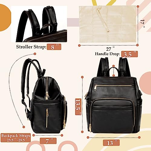Omanmoli Diaper Bag Backpack Leather Large Baby Diaper Bag Essentials With 18 Organizing Pockets,6 Insulated Pockets,USB Charging Port,Stroller Straps,Changing Pad (Black) - color: Black