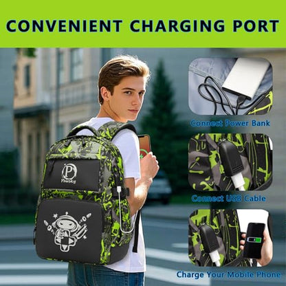 Boys Backpack, Cool Luminous School Backpack with USB Charging Port for Teen Boys, Kindergarten Elementary College Middle School Bookbag Lightweight Laptop Bag with Sling Bag Set, Green - style: Gamer-green02