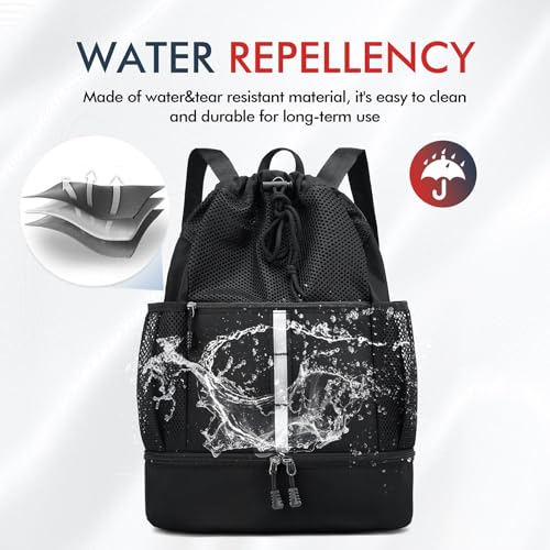 PinCute Drawstring Gym Bag for Men/Women - Mesh Beach Swim Bags Sports Backpack with Wet Pocket&Shoe Compartment, Lightweight - color: Black