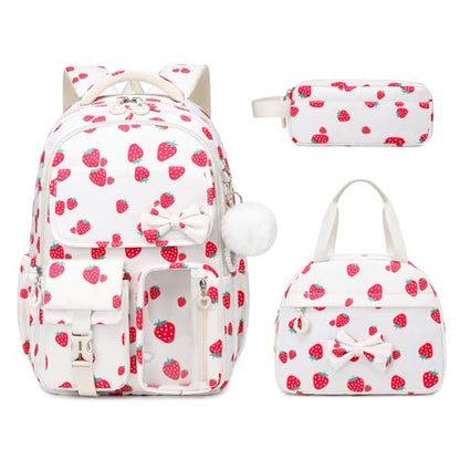 Girls Backpack, School Backpack for Girls, Cute Bow Kids Bookbag for Grils Children Teens for Elementary Middle High School Student, Back To School, White Strawberry 3pcs - color: White Strawberry-3pcs