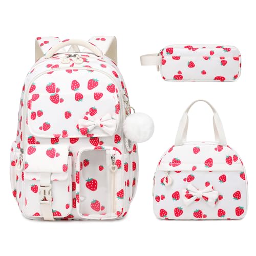 Girls Backpack, School Backpack for Girls, Cute Bow Kids Bookbag for Grils Children Teens for Elementary Middle High School Student, Back To School, White Strawberry 3pcs - color: White Strawberry-3pcs