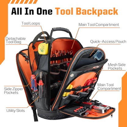 Golkcurx Tool Backpack, Heavy Duty Backpack Tool Bag, 1680D Tools Carrier for Electrician, Durable and Molded Base