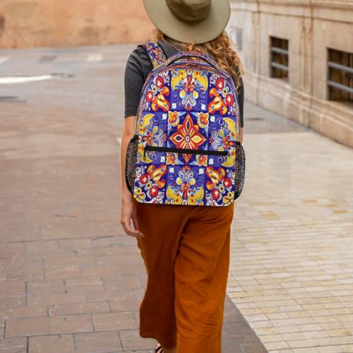 Large Backpack with 15.6 Inch Laptop Compartment, Ethnic Talavera Flower Adult Backpack for Work, Travel & School College Boys Girls - color: Ethnic Talavera Flower