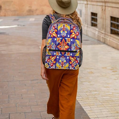 Large Backpack with 15.6 Inch Laptop Compartment, Ethnic Talavera Flower Adult Backpack for Work, Travel & School College Boys Girls - color: Ethnic Talavera Flower