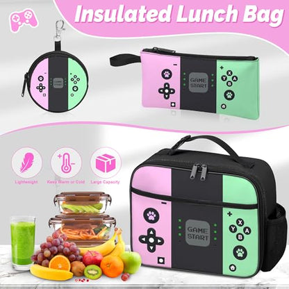 Gamer Backpack for Girls, 4pcs Gaming Girls Backpack with Lunch Box and Pencil Case for Kids, Video Gamer School Bags - color: Multicolor