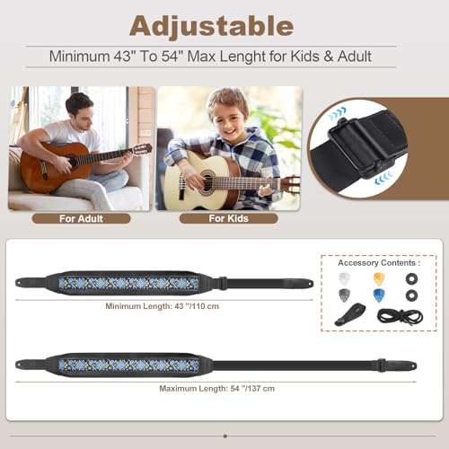 Guitar Strap and Bass Strap, Embroidery Guitar Strap, Adjustable Strap Length, Equipped with 3D Sponge Filled Foam Pad, Comes with 4 Picks + 2 Strap Locks, Best Gift for Guitar Players, Blue Flower - color: Blue Flower