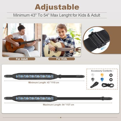 Guitar Strap and Bass Strap, Embroidery Guitar Strap, Adjustable Strap Length, Equipped with 3D Sponge Filled Foam Pad, Comes with 4 Picks + 2 Strap Locks, Best Gift for Guitar Players, Blue Flower - color: Blue Flower