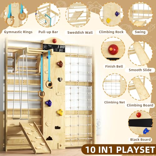 Indoor Climbing Wall, 10-in-1 Swedish Ladder, Indoor Playground for Kids and Adults, Rock Climbing Wall, Wooden Swing Sets, Gymnastic Rings, Wall Ladder, Rope Ladders, Stretching Balanced