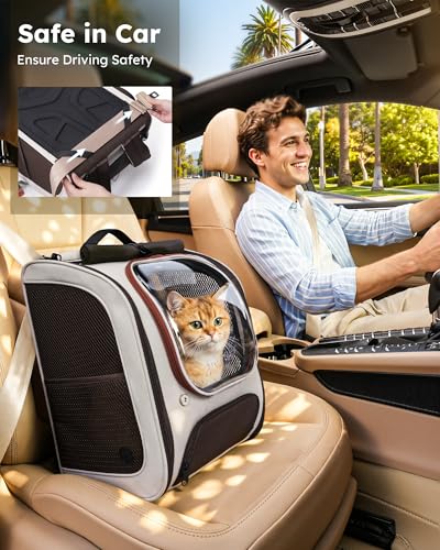 Pecute Dog Backpack Carrier,Large Space Dog Bubble Backpack,Ergonomic,Khaki | Color Blocking,Sunshade curtain,Folding bowl,Transparent window,Sturdy,Large mesh on both sides for breathability - color: Khaki-on-Khaki Color Blocking