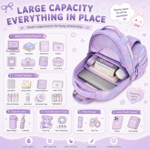 BTOOP Multi-Compartment Kids Backpack for Girls, 3PCS Cute Purple Bow School Backpack with Lunch Bag Pencil Case, Side Pocket Fits 40 oz Tumbler, Girls Bookbag for Elementary Middle School - color: Purple