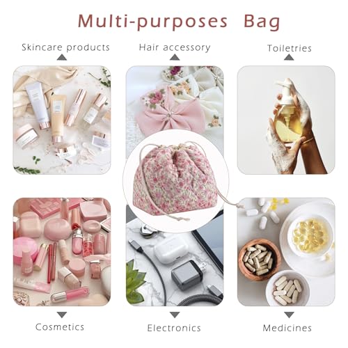 Cotton Quilted Drawstring Makeup Bag with Canvas Lining,Coquette Aesthetic Cute Travel Toiletry Bag,Drawstring Gift Bag for Women and Girls（18 Watercolor Pink Flower） - color: 18watercolor Pink Flower