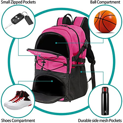 WOLT Basketball Backpack Large Sports Bag with Separate Ball Holder & Shoes Compartment, Best for Basketball, Soccer,Gym - color: Pink