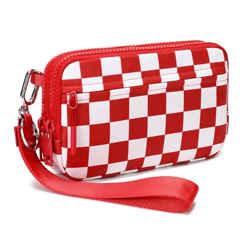 FODOKO Wristlet wallets for women Nylon Quilted Wallet with 4 Zippers,Travel Credit Card,Holder Cell Phone Organizer - color: Red