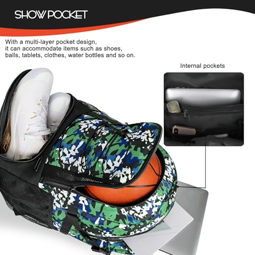 Goloni 40L Basketball Bag,Large Basketball Backpack with Ball Compartment & Shoe Compartment,Backpack for Soccer,Volleyball - color: Camouflage green