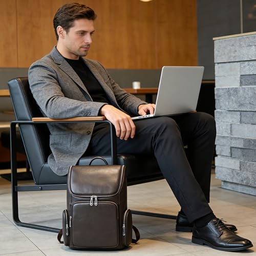 Laptop Leather Travel Backpack For Men Carry On Back Pack For Business Work computer Backpacks Fit 15.6" Laptop - color: Bb-71 Brown
