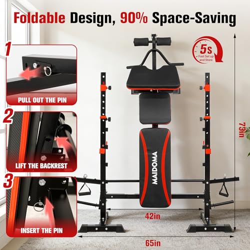 Foldable 1500LBS 6 IN 1 Weight Bench Set with Squat Rack, Leg Extension/Curl & Preacher Curl, Adjustable Bench Press Set with Safety Bar Catches for Home Gym Full Body Workout