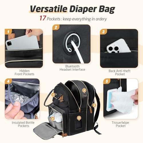 Diaper Bag Backpack - Extra Large Diaper Backpack for 2 Kids Twin, Travel Baby Bags for Mom Dad 25-37L Expandable with Changing Pad, Quilted Pure Black - color: Quilted_pure Black