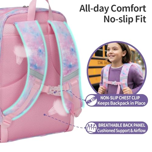 Kids Backpack for Girls - 17 Inch Insulated School Bag Ages 8-10 | Elementary Backpack for Grades 3-5, Fits Binder Laptop, Insulated Pocket, Reflective Strips, S-Curve Straps, Pink Tie Dye - color: Pink Tie-dye
