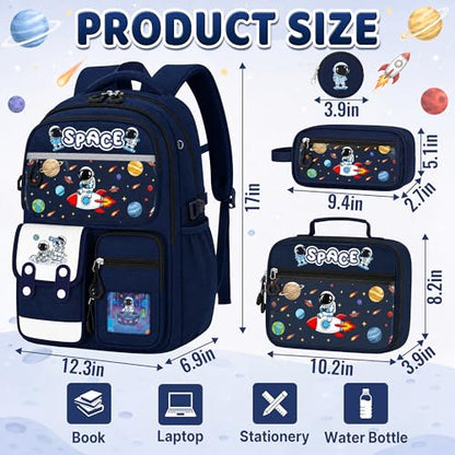 Space Backpack for Boys, 4 PCS Boys Backpack with Lunch Box Set, Spaceman Large Laptop Bookbag, School Bag for Elementary Kids & Teens - color: Space