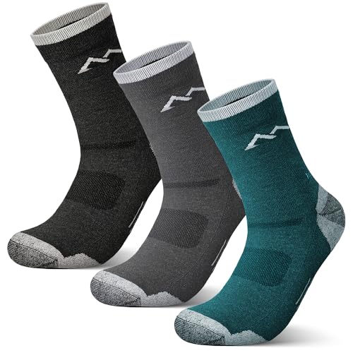 innotree Men's Merino Wool Hiking Socks 3 Pairs, Moisture Wicking Cushioned Breathable Crew Socks for Hiking Walking Trekking - color: Dark Grey, Light Gray, Cyan, size: Medium