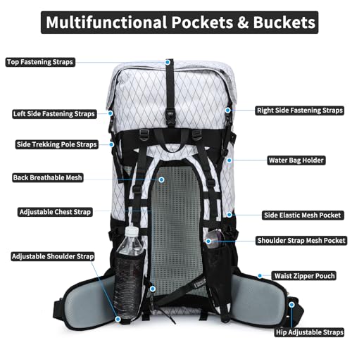 Hiking Backpack,40L to 50L Extra Large Capacity Hiking Bag,Internal Frame Camping Backpack,Upgraded X-PAC Lightweight Sport Daypack Travel Backpack Fit For Mountain Climbing Camping(White) - color: White